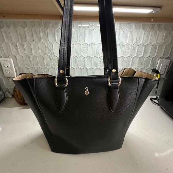 London Fog Handbags - London Fog Black Faux Leather Tote Bag With Beige Lining & Magnetic Closure
